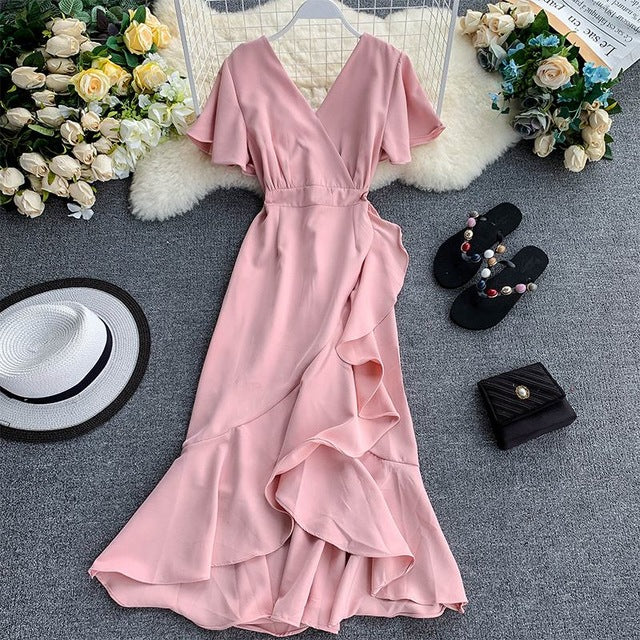 Young Gee Elegant Ruffles Mermaid Women Dress Ruched Summer Office Pink Red Black V-neck Knee-length Dresses vestidos de verano