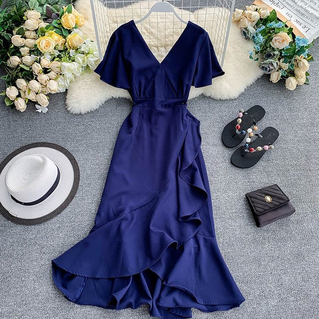 Young Gee Elegant Ruffles Mermaid Women Dress Ruched Summer Office Pink Red Black V-neck Knee-length Dresses vestidos de verano